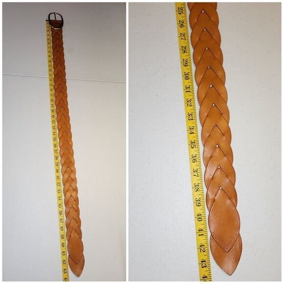 Miss Me Braided Woven Orangey Tan Leather Belt with Large Gold Toned Oval Buckle main image 8